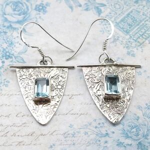 Silver Floral triangular dangle Earrings with Aquamarine Blue Crystal